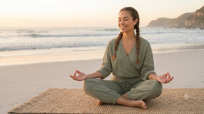 A woman seated cross-legged on a woven mat at the shoreline at sunrise, both hands resting on her knees in Gyan Mudra