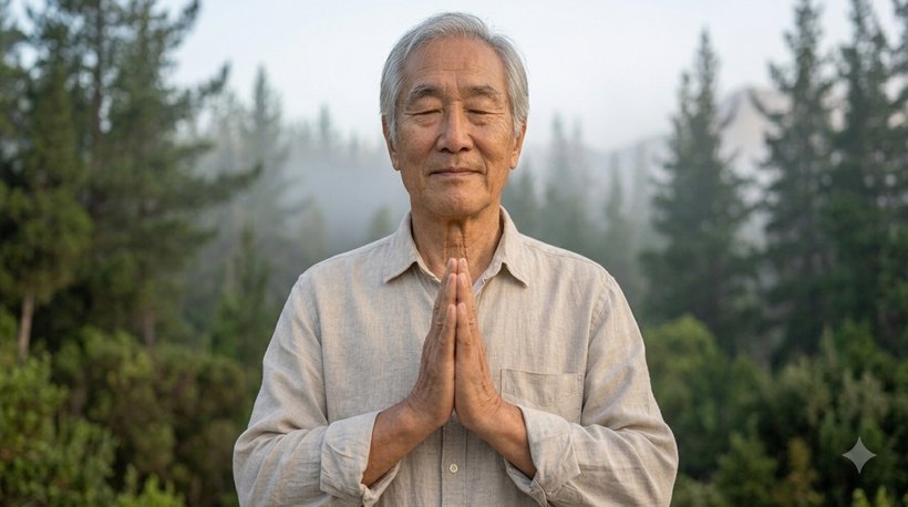An older Asian man standing in a misty forest with eyes closed, holding Anjali Mudra serenely at his chest