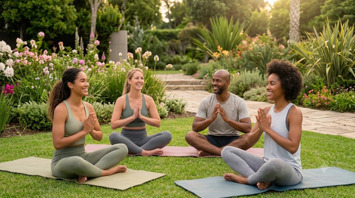 A mixed group of four adults seated on mats in a flowering garden, practising Anjali Mudra with palms pressed together at the heart