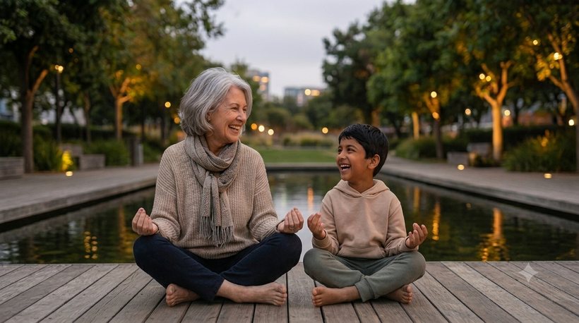 An older woman and a young boy sitting side by side on a wooden deck beside a pool at dusk, both holding the same hand mudra and laughing
