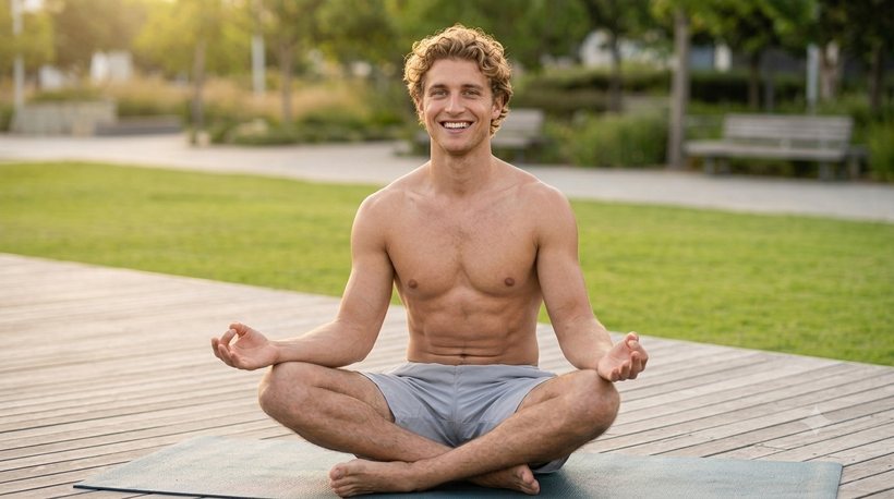 A young man seated cross-legged on a deck in a city park, hands open on his knees in Gyan Mudra